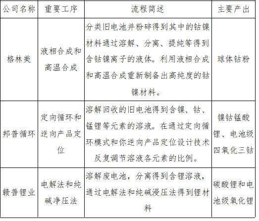 我國代表企業(yè)回收工藝情況